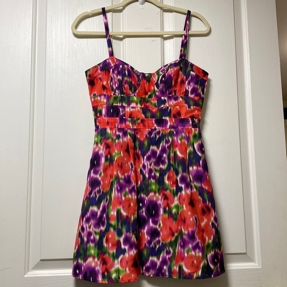 100% Silk Bebe Sz xsm Watercolor effect dress - Picture 1 of 7